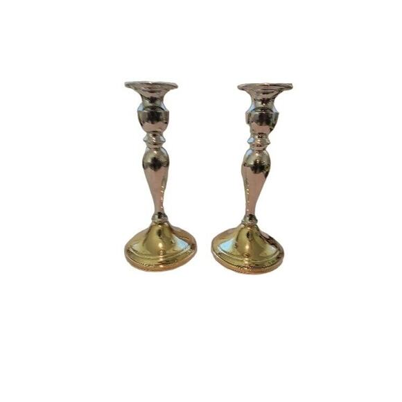 Candlestick Pair Weighted Two-tone Silver Brass Web Pewter Formal Evening - Picture 8 of 10
